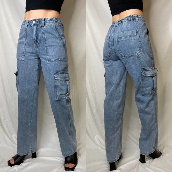 Simple Society Denim - Simple Society high rise cargo jeans straight leg carpenter waist waisted 26